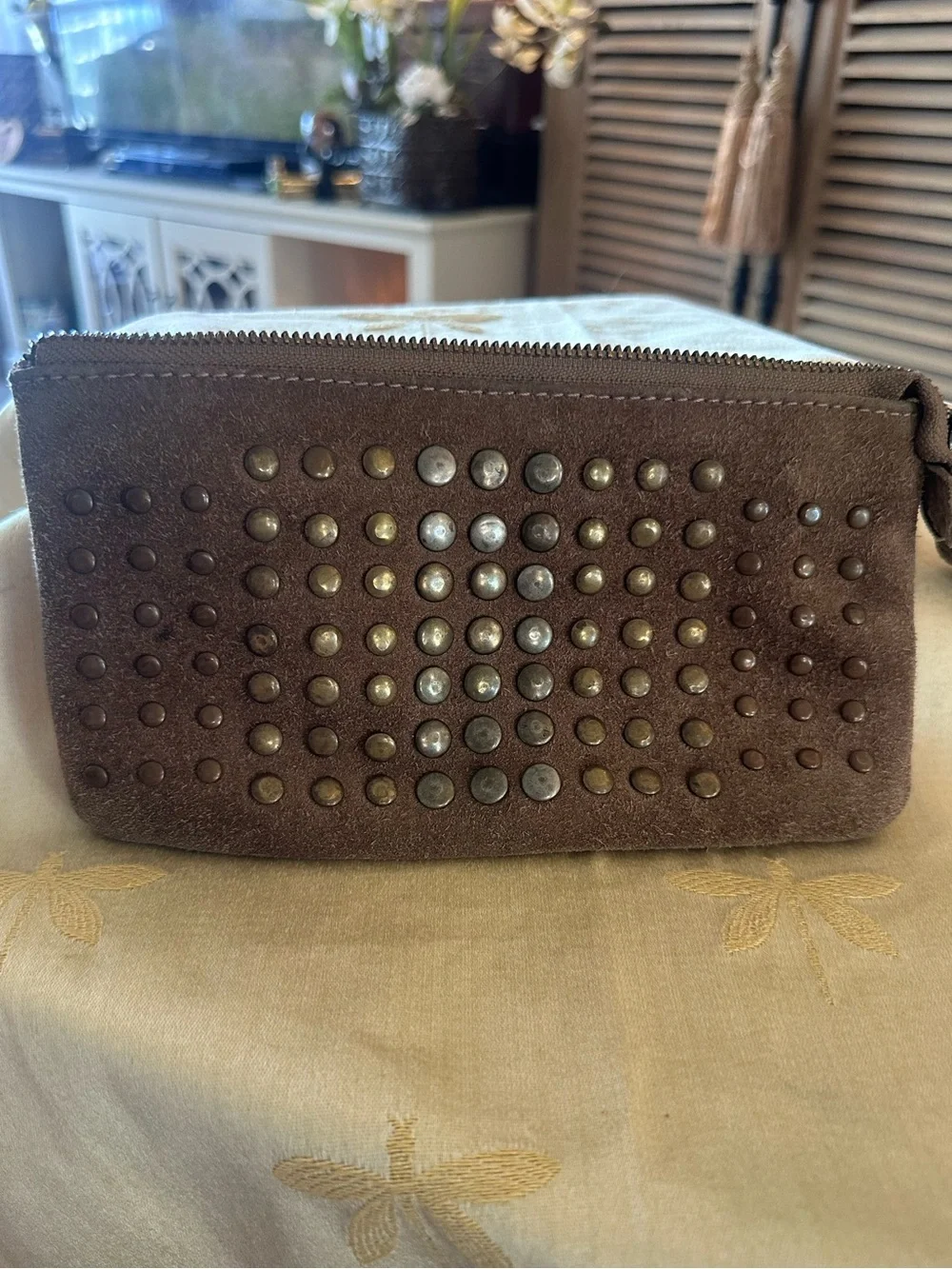 Prune, Handmade in Argentina Brown & Tan Suede & Stud Wristlet Wallet / Bag.